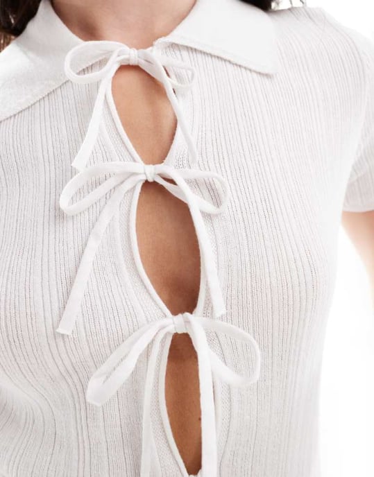 ASOS DESIGN stickad cardigan med knyt framtill och krage i vitt - Image 4