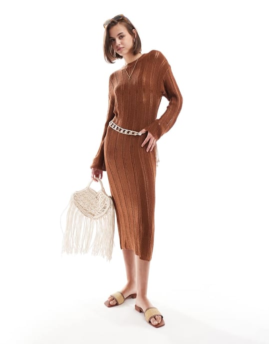 ASOS DESIGN öppenstickad midiklänning i toffee - Image 1