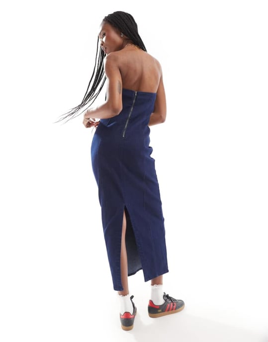 Endast figursydda bandeau midi denimklänning i indigo - Image 4