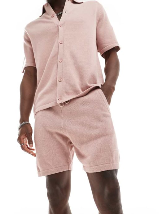 ASOS DESIGN medeltunga stickade bomullsshortsen koord i rosa - Image 2