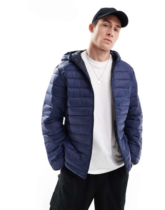 Jack & Jones puffjacka med huva i marinblå - Image 1