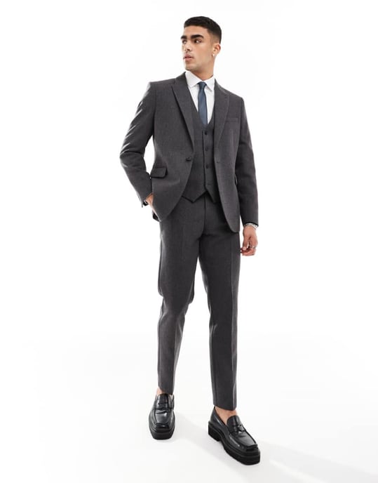 ASOS DESIGN skinny blazer i ullblandning i kolgrå korgväv - Image 3