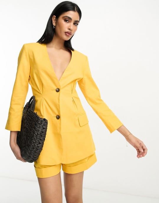 ASOS DESIGN kragenlös kostymblazer med linne i citrus - Image 1