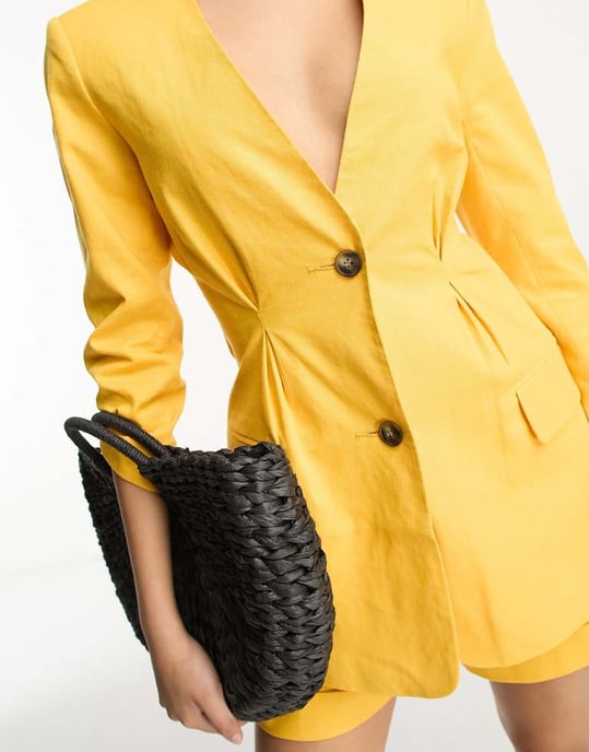 ASOS DESIGN kragenlös kostymblazer med linne i citrus - Image 3