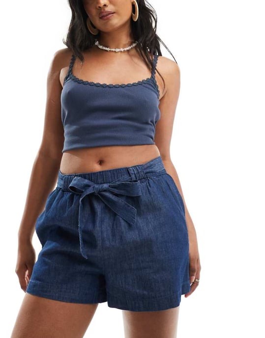 JDY chambray knyt framshorts i indigoblå - Image 1