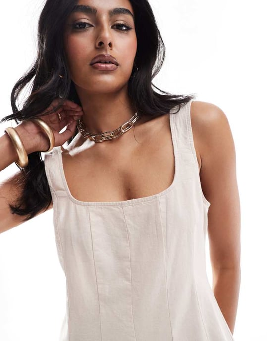 ASOS DESIGN fyrkantig halsringning sömmad tennis jumpsuit i havre - Image 2
