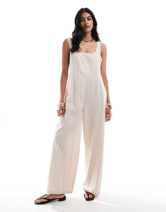 ASOS DESIGN fyrkantig halsringning sömmad tennis jumpsuit i havre - Image 3
