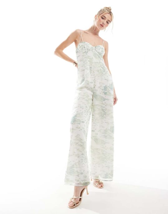 ASOS DESIGN råkantig korsettpanelad jumpsuit med utskärning i suddig djurmönster - Image 2