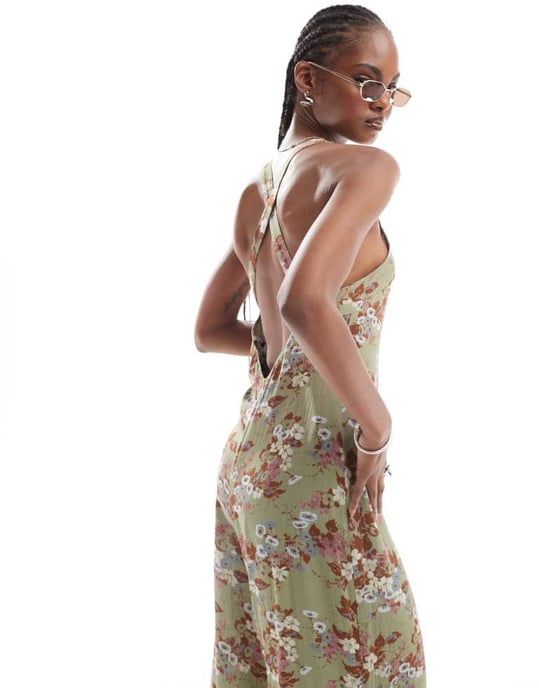 Återvunnen vintage ärmlös jumpsuit i grön blommig - Image 4