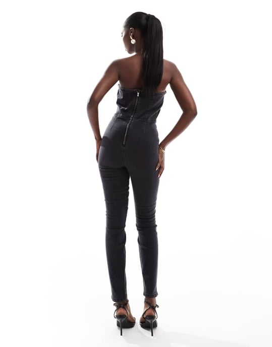 ASOS DESIGN denim bandeau bodycon jumpsuit i tvättad svart - Image 3