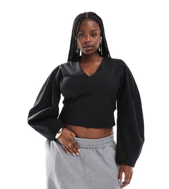 ASOS DESIGN Curve djup urringning kokongärmad topp i scuba-material i svart - Image 1