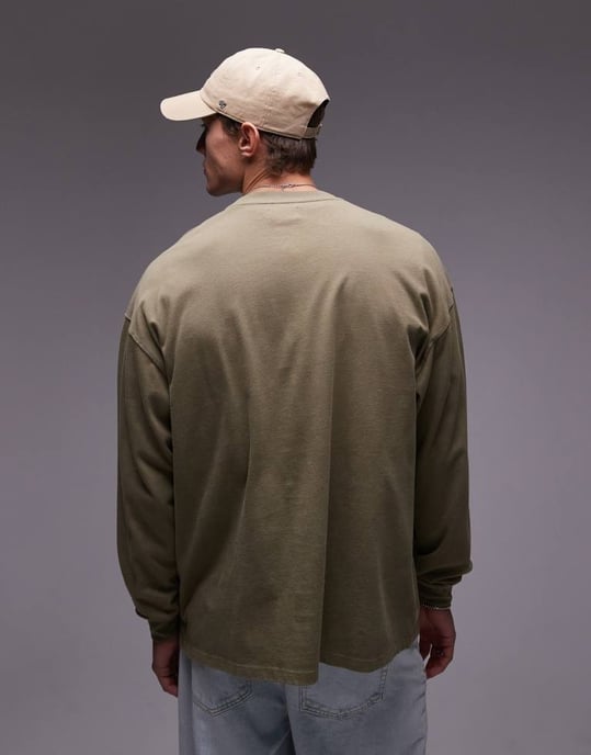 Topman avslappnad passform långärmad t-shirt i tvättad khaki - Image 2