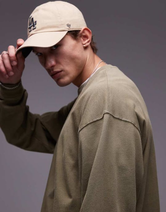 Topman avslappnad passform långärmad t-shirt i tvättad khaki - Image 4