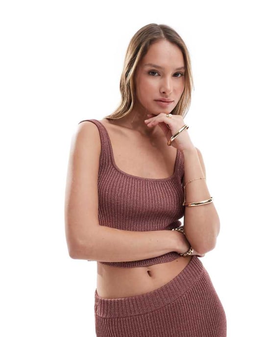 ASOS DESIGN stickad spaghetti-top med rund halsringning i metallisk garn i brun set - Image 1