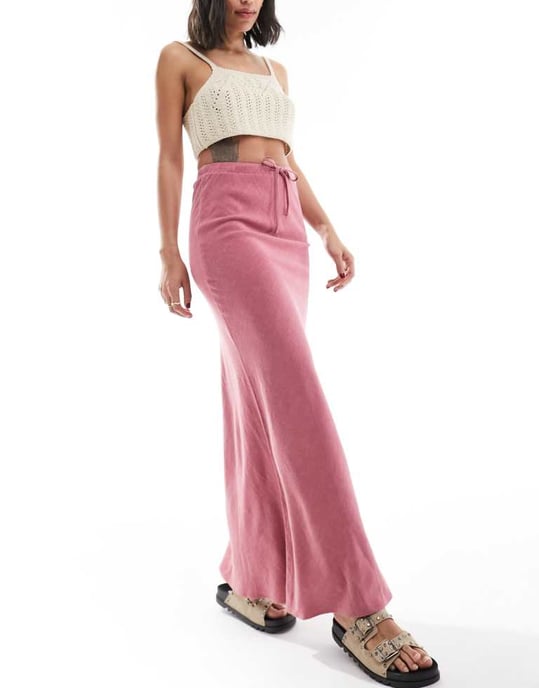 ASOS DESIGN linne-look midja knyt bias maxi kjol i rosa - Image 4
