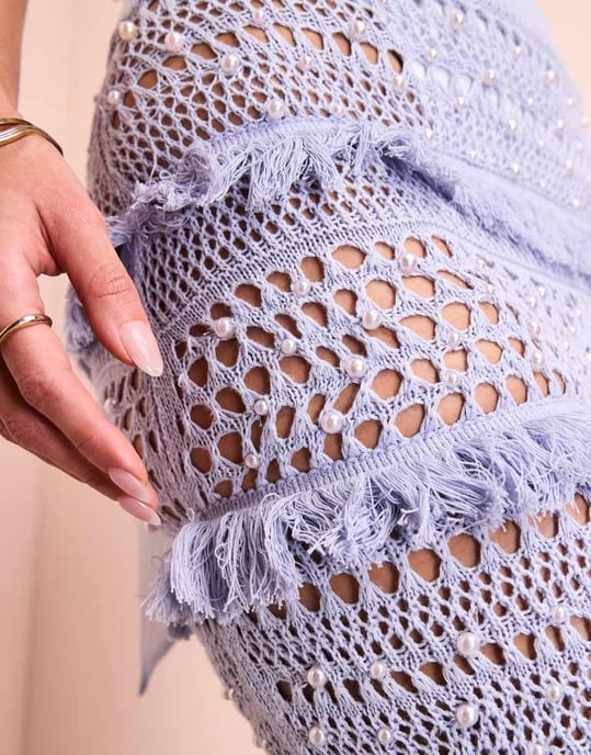 ASOS LUXE koord strand virkad maxikjol med pärlprydnad i blått - Image 2
