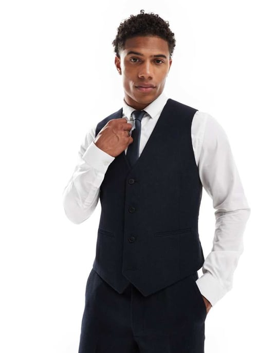 ASOS DESIGN slim ullblandning väst i marin twill - Image 1