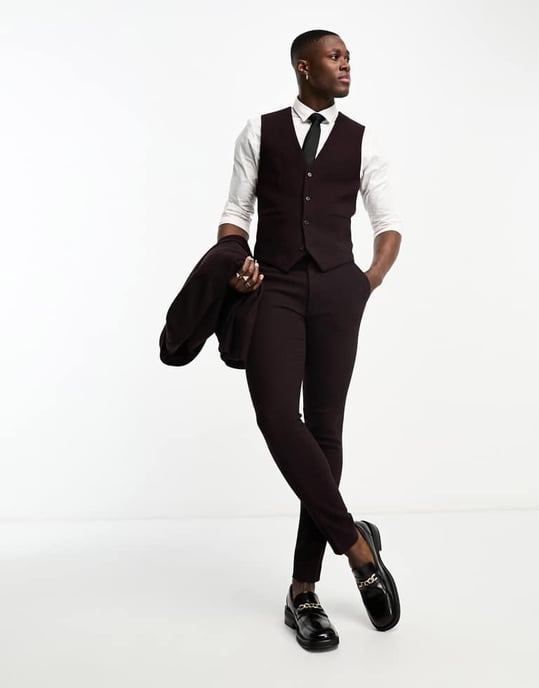 ASOS DESIGN super skinny ullblandning kavajväst i fiskbensmönster i bordeaux - Image 2