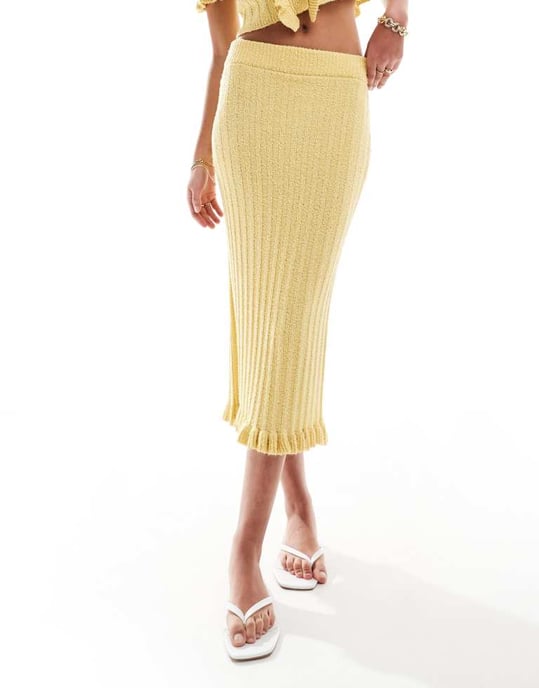ASOS DESIGN stickad midaxi kjol med volangkoordinat i gult - Image 3