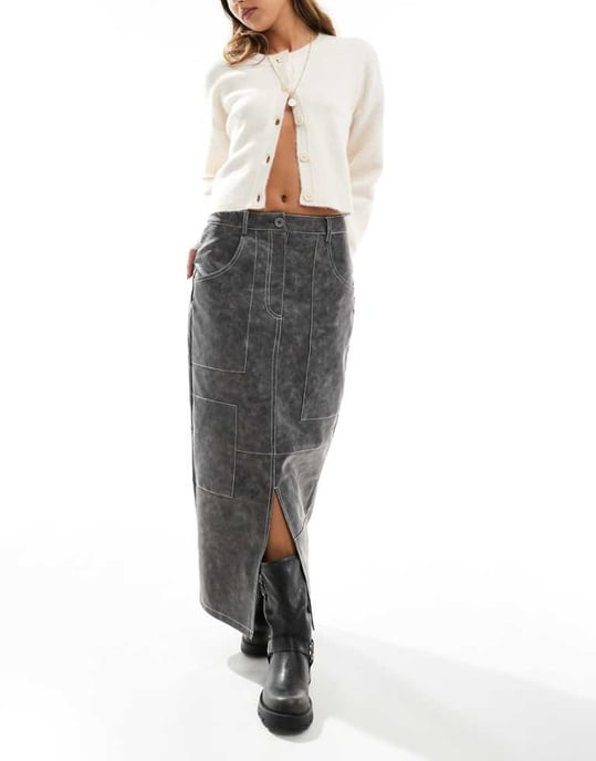 ASOS DESIGN läderlook västern midi kjol med kontrastsöm i tvättad grå - Image 1