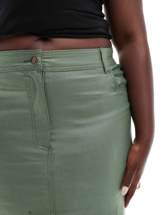 Yours PU midaxi kjol med framklipp i khaki - Image 3