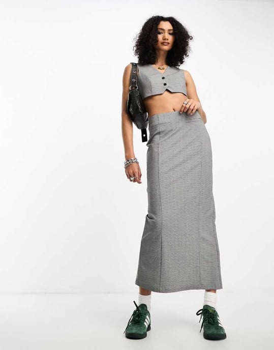 ASOS DESIGN koordinerad blyertsmidkjol i grå mono-rutigt - Image 1
