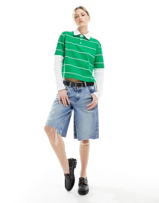 ASOS DESIGN dubbel lager passform randig rugbytröja i grön och vit - Image 3
