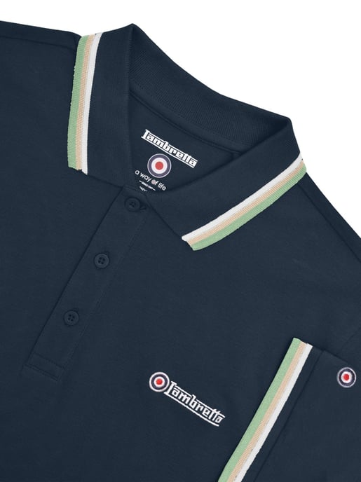Herren Polo-Shirt in Marineblau mit weißen und steinfarbenen Dreifach-Paspelierungen - Image 2