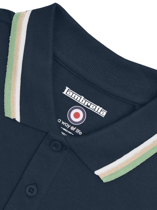 Herren Polo-Shirt in Marineblau mit weißen und steinfarbenen Dreifach-Paspelierungen - Image 4