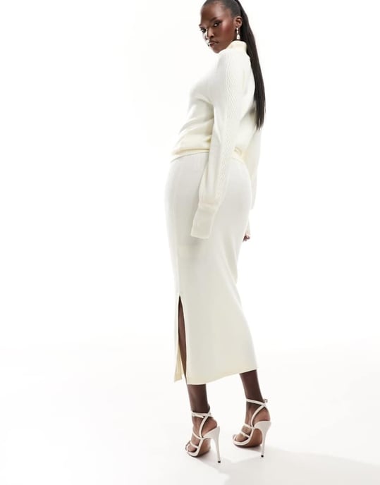 Y.A.S Kira stickad midikjol set i beige - Image 4