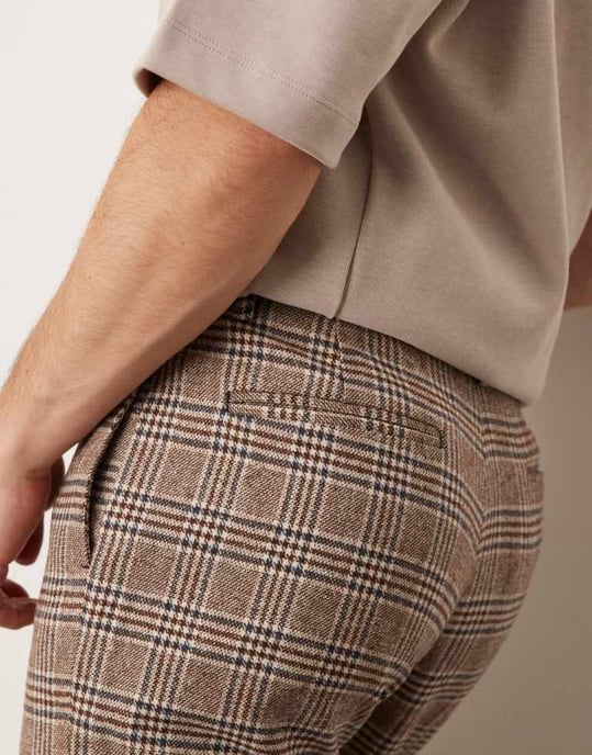 ASOS DESIGN smart hög midja raka ben ullblandning byxor i brun rutigt - Image 3