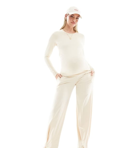 Mamalicious amningsbyxor med vida ben under magen i beige melange - Image 1