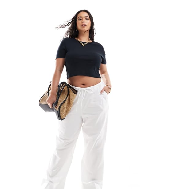 Vero Moda Curve midja med knytning vida byxor i vitt - Image 1