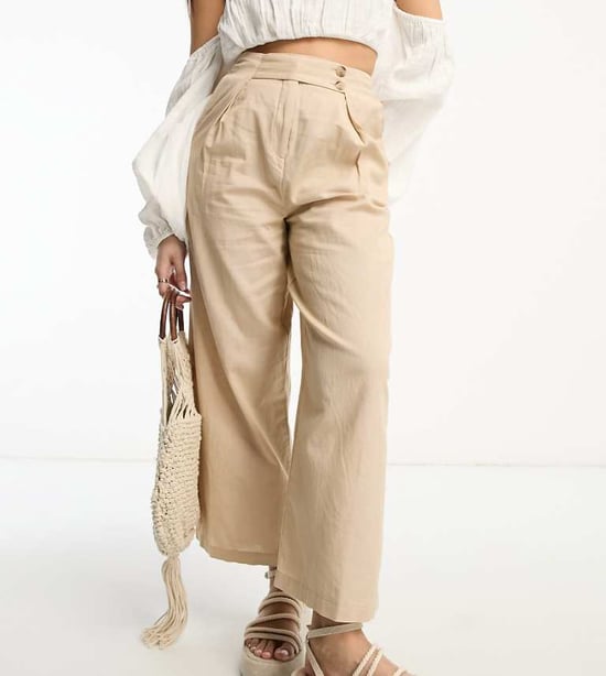 Vila Petite linne-touch knappbyxa med vida ben i beige - Image 1