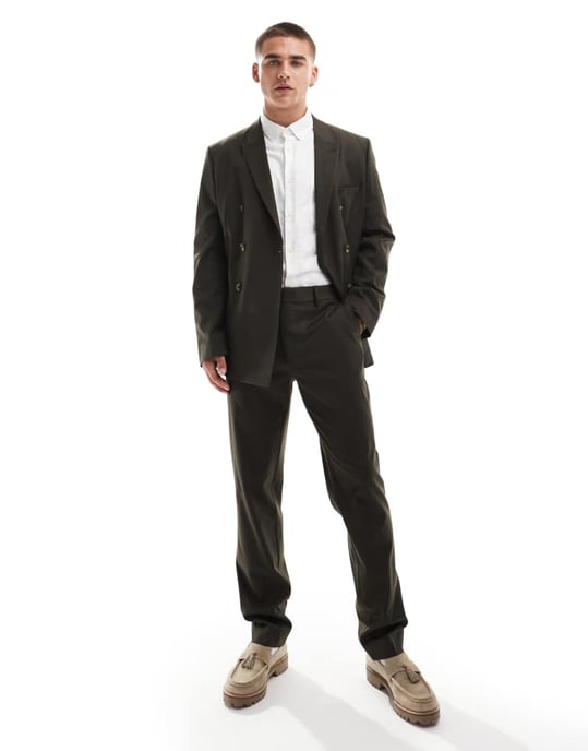 ASOS DESIGN slim fit ren ullblandning kostymbyxa i oliv - Image 2