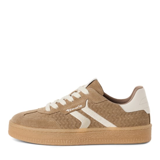 Tamaris Damen-Sneaker aus taupefarbenem Leder mit weißen Streifen - Image 1
