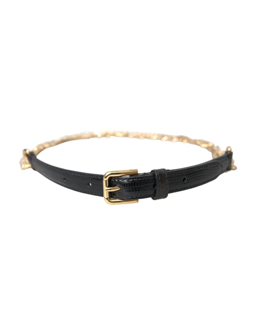 Dolce & Gabbana Schwarzer Leder-Goldkette Kristall-Taillengürtel für Frauen - Image 1