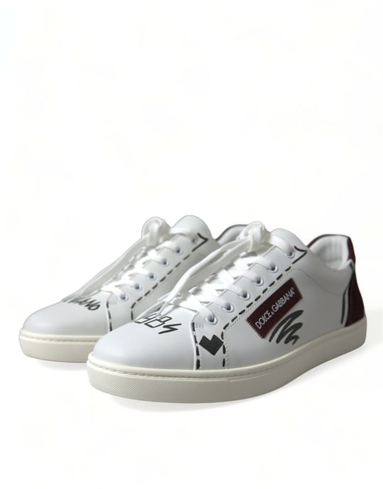 Dolce & Gabbana Weiße Bordeaux Leder Logo Low Top Sneaker Schuhe - Image 3
