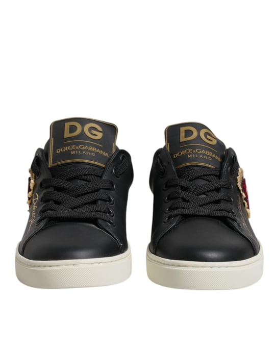 Dolce & Gabbana Schwarze Leder Gold Rote Herz Sneakers Schuhe - Image 2