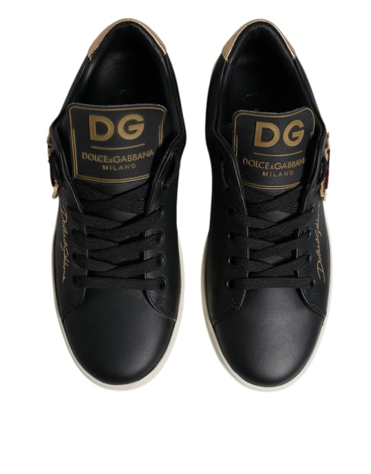 Dolce & Gabbana Schwarze Leder Gold Rote Herz Sneakers Schuhe - Image 3