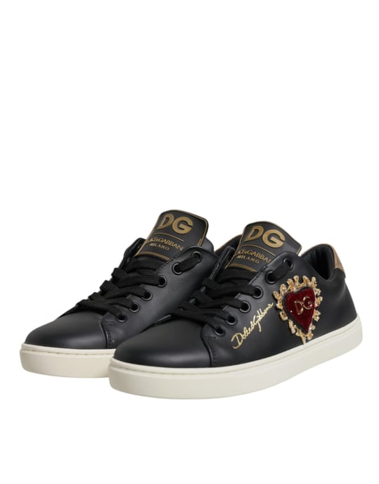 Dolce & Gabbana Schwarze Leder Gold Rote Herz Sneakers Schuhe - Image 4