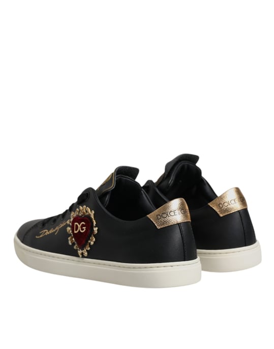 Dolce & Gabbana Schwarze Leder Gold Rote Herz Sneakers Schuhe - Image 5