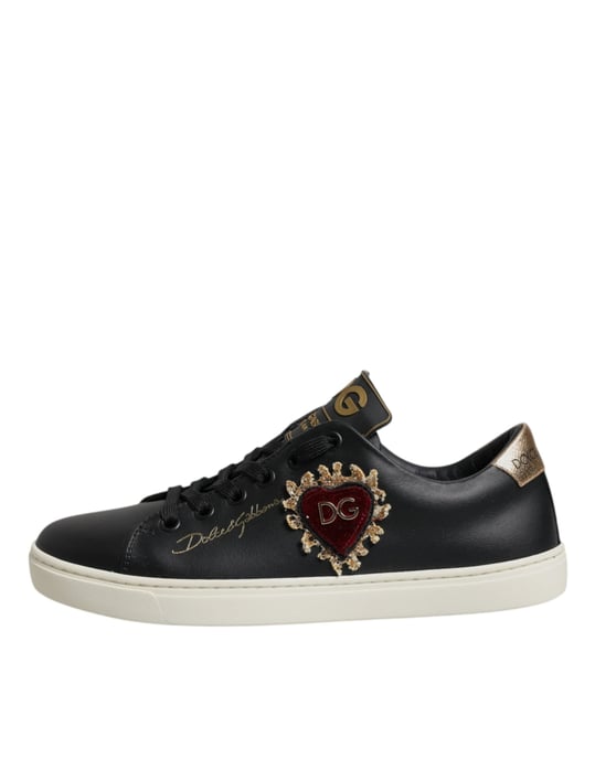 Dolce & Gabbana Schwarze Leder Gold Rote Herz Sneakers Schuhe - Image 6