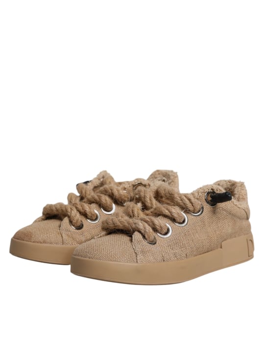 Dolce & Gabbana Braune Jute Stoff Niedrigschnitt Herren Sneaker Schuhe - Image 4