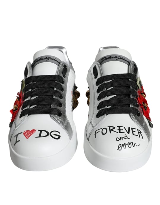 Dolce & Gabbana Weiße Leder Floral Nieten Sneakers Schuhe - Image 2