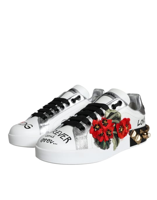 Dolce & Gabbana Weiße Leder Floral Nieten Sneakers Schuhe - Image 3