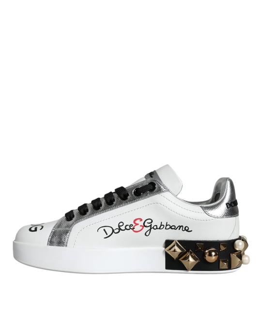 Dolce & Gabbana Weiße Leder Floral Nieten Sneakers Schuhe - Image 4
