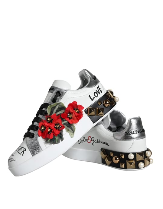 Dolce & Gabbana Weiße Leder Floral Nieten Sneakers Schuhe - Image 6