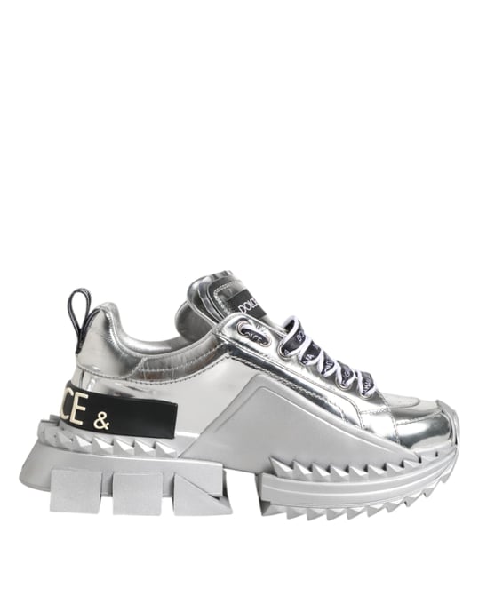Dolce & Gabbana Silberne Leder Super Queen Sneaker Schuhe - Image 1