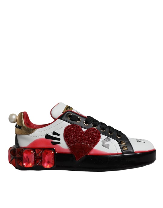 Dolce & Gabbana Weiße Rote Kristalle Leder Portofino Sneakers Schuhe - Image 1
